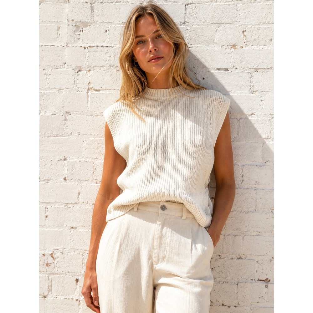 Vintage Jolie Natural Knit Sweater Open Side Vest Button Cream Old Money Medium